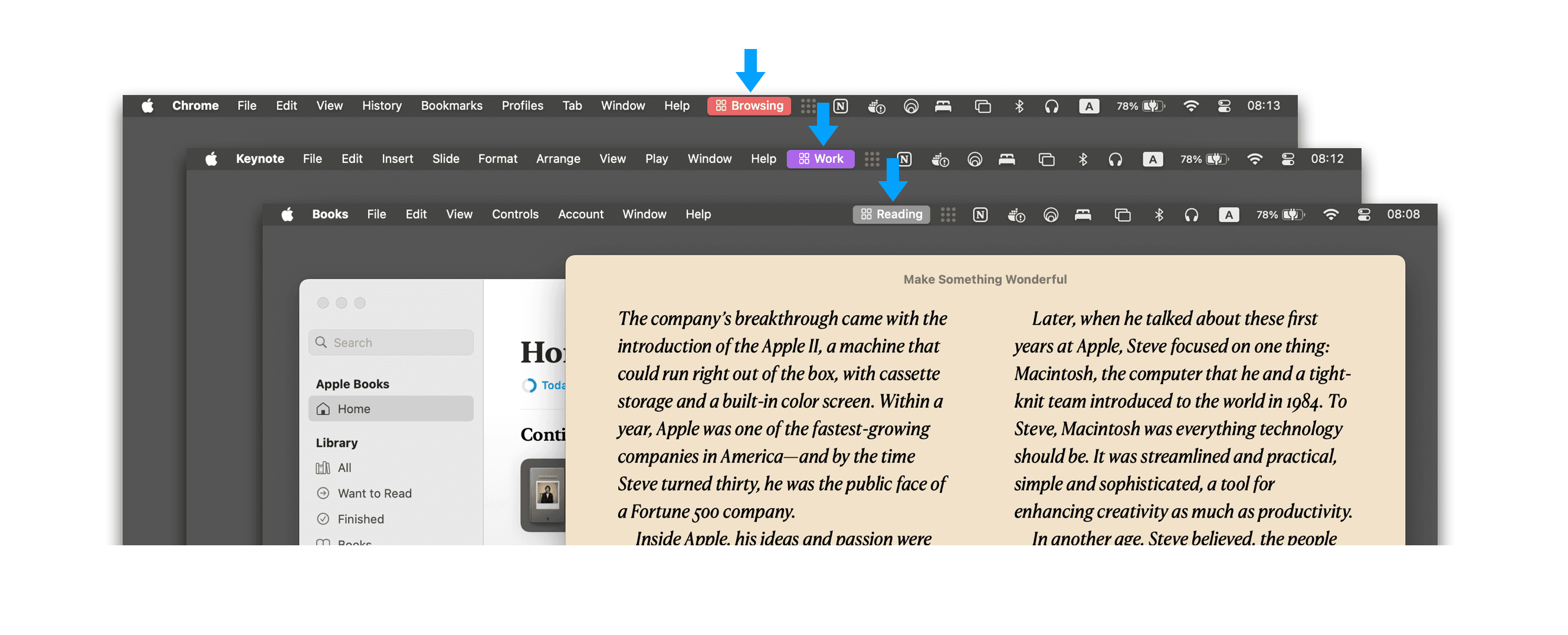 Deskmark showing different desktop names in menu bar - Browsing, Work, Reading